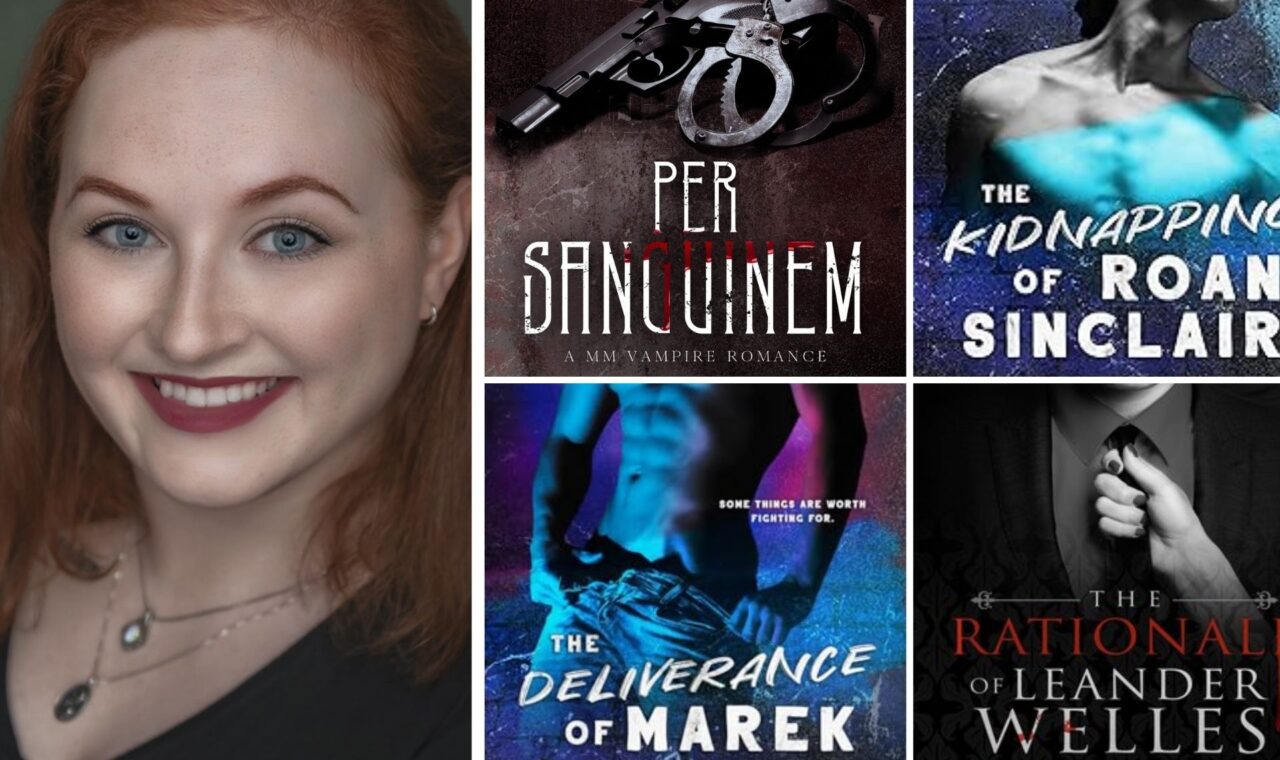 Photo of Ashlyn Drewek - Author (A red headed cis woman) and her book covers