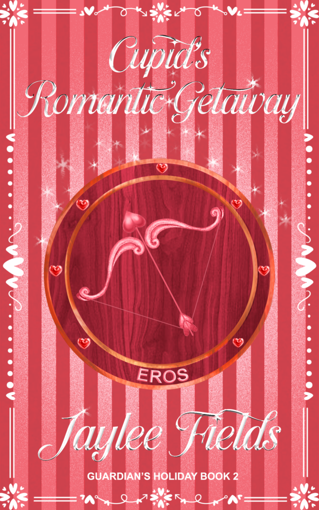 Book cover of "Cupid's Romantic Getaway" by Jaylee Fields. Features a pink striped background, a decorative bow and arrow, and ornate white text.