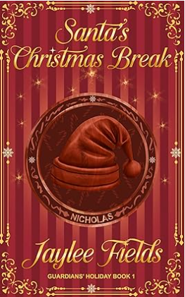 Book cover of "Santa's Christmas Break" by Jaylee Fields, featuring a red Santa hat in a circular emblem on a striped background. 