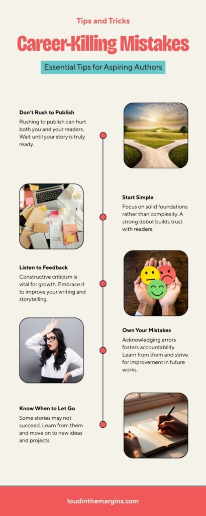  Infographic titled "Career-Killing Mistakes: Essential Tips for Aspiring Authors." Tips include not rushing to publish, starting simple, listening to feedback, owning mistakes, and knowing when to let go. Images depict related scenes like writing, feedback, and reflection. 