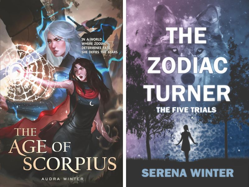 Age of Scorpius Milo Winter's books A fantasy book cover features a determined woman casting glowing magical symbols, with a ghostly figure behind her. The title, "The Age of Scorpius," is displayed. --- The Zodiac Turner Mystical book cover depicting a large wolf face blending into a starry night sky, with trees on either side. A silhouette of a girl stands below, gazing up. The title reads 'The Zodiac Turner: The Five Trials' by Serena Winter. 