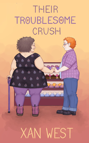 Two people holding hands in front of a colorful pastry display. One uses a cane. Title: "Their Troublesome Crush."