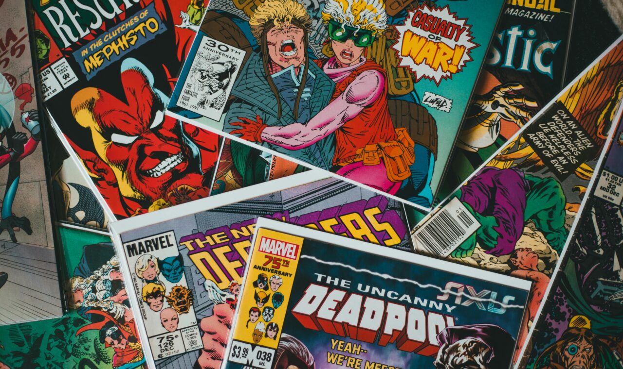 Collection of comic books with vivid colorful illustrations on cover