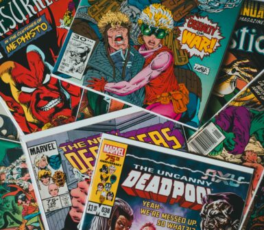 Collection of comic books with vivid colorful illustrations on cover