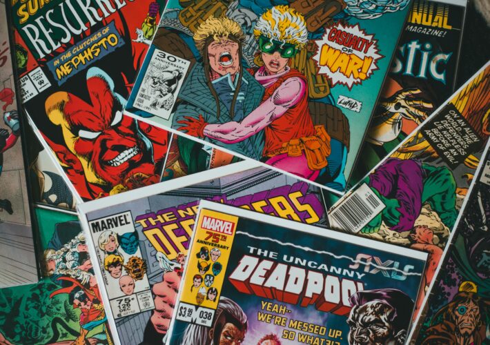Collection of comic books with vivid colorful illustrations on cover