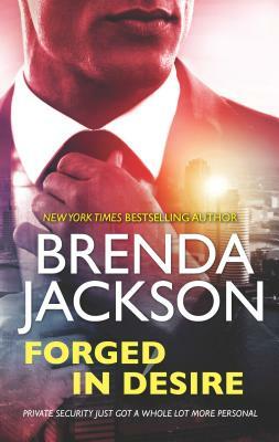 Book cover for "Forged in Desire" by Brenda Jackson, featuring a man in a suit adjusting his tie with a city skyline in the background.