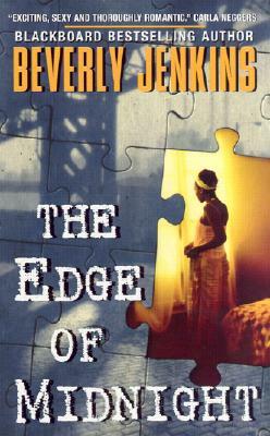 Book cover for "The Edge of Midnight" by Beverly Jenkins, featuring a silhouette of a woman against a glowing puzzle piece.