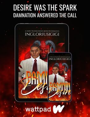 Desire was the spark. Damnation answered the call. An illustration of a handsome dark dark-skinned Black man with gold wire-framed glasses, wearing a sweater, shirt, and red tie combo, being held by a huge, enormous demon that has gold eyes and black goat horns.  - A Damning Desire by Jasper Hyde  (ingloriousgigi) - A Dark Transgender Monster Romance Only on Wattpad