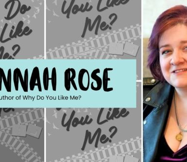 Book promo for Hannah Rose, author of *Why Do You Like Me?*: turquoise banner over gray filmstrip background; smiling red-haired woman in leather jacket.