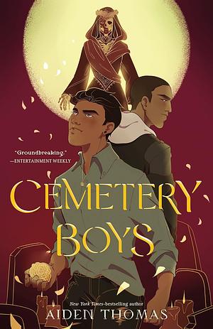 Book cover for Cemetery Boys by Aidan Thomas: two young Latino men stand beneath a glowing moon, with a skeletal spirit above them