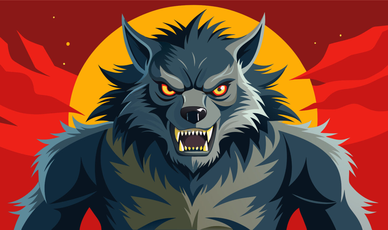 an illustration of a scary werewolf in front of a red and yellow abstract background