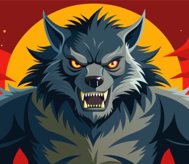 an illustration of a scary werewolf in front of a red and yellow abstract background