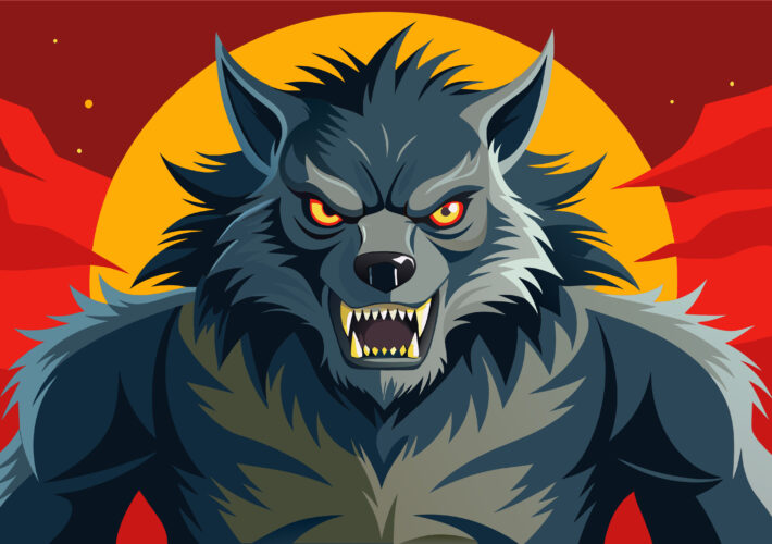 an illustration of a scary werewolf in front of a red and yellow abstract background