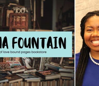 Promotional graphic for Sasha Fountain, owner of Love Bound Pages bookstore, with book-filled shelves beside her smiling portrait in a blue top and pearls.