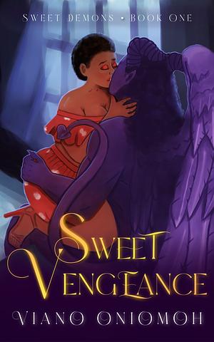 Sweet Vengeance by Viano Oniomoh - a fantasy cover: a short-haired woman in red embraces a towering purple, horned demon in blue light